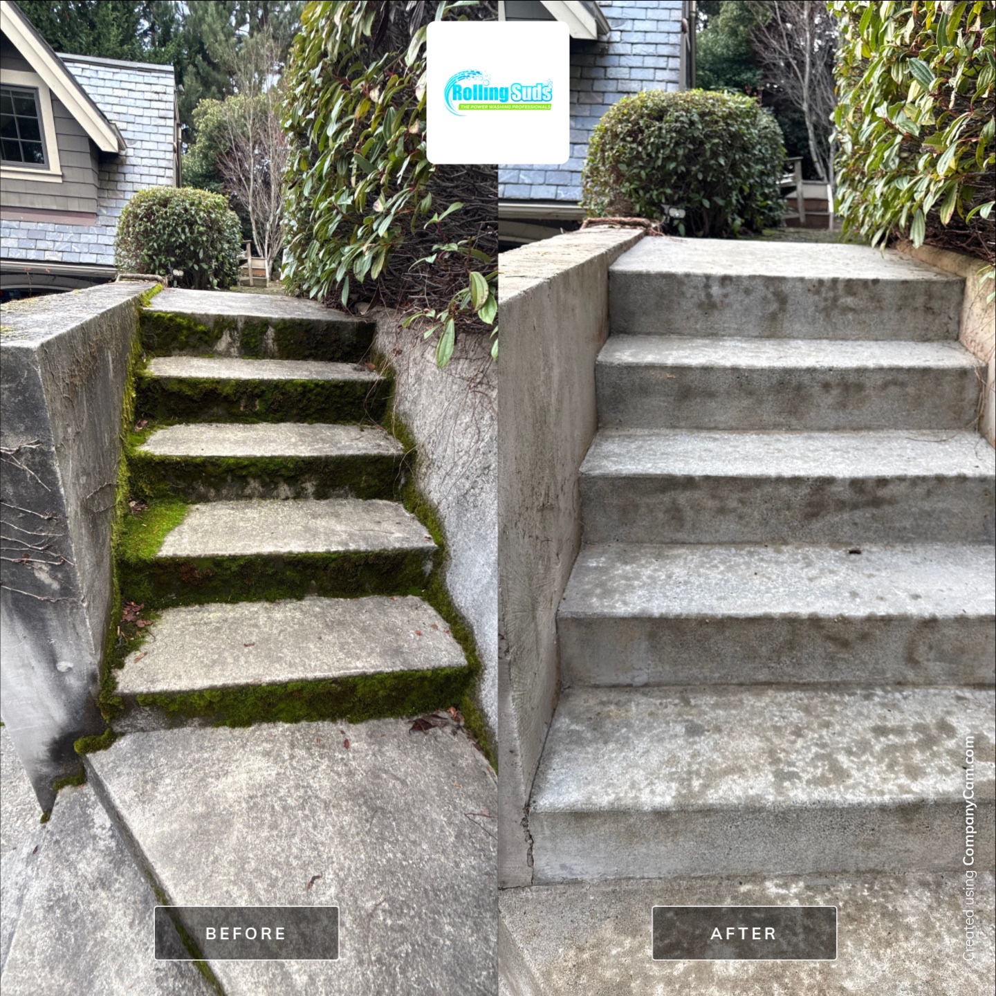 Before and after moss removal on concrete stairs